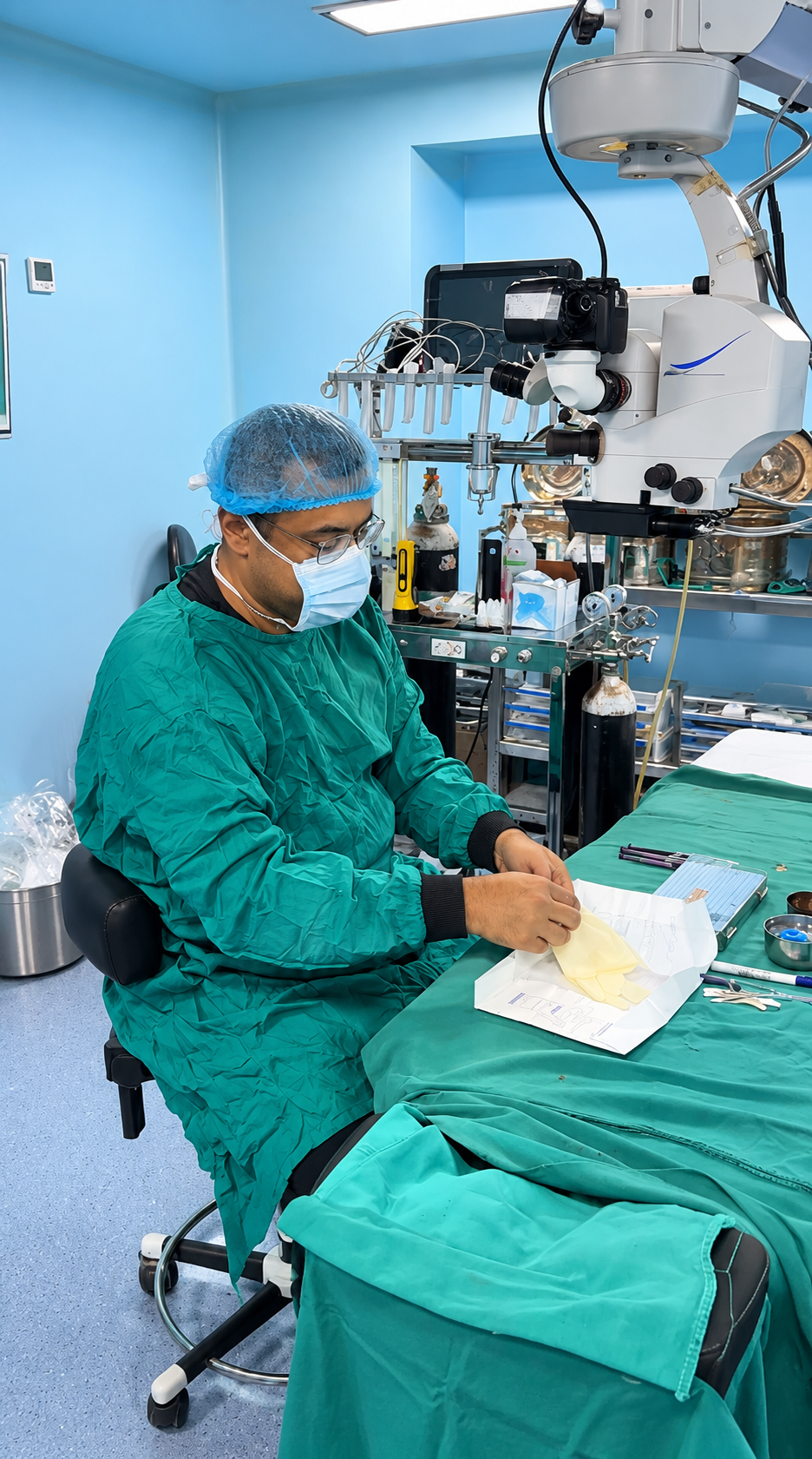 Ophthalmic surgeon and colleague preparing for a microsurgical procedure