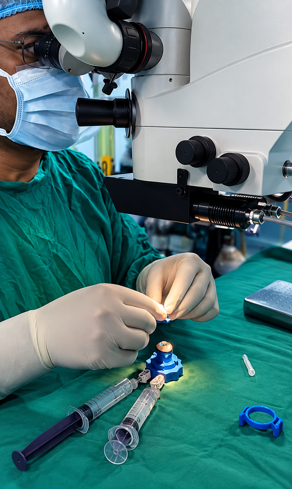 Ophthalmic procedure taking place beneath a surgical microscope