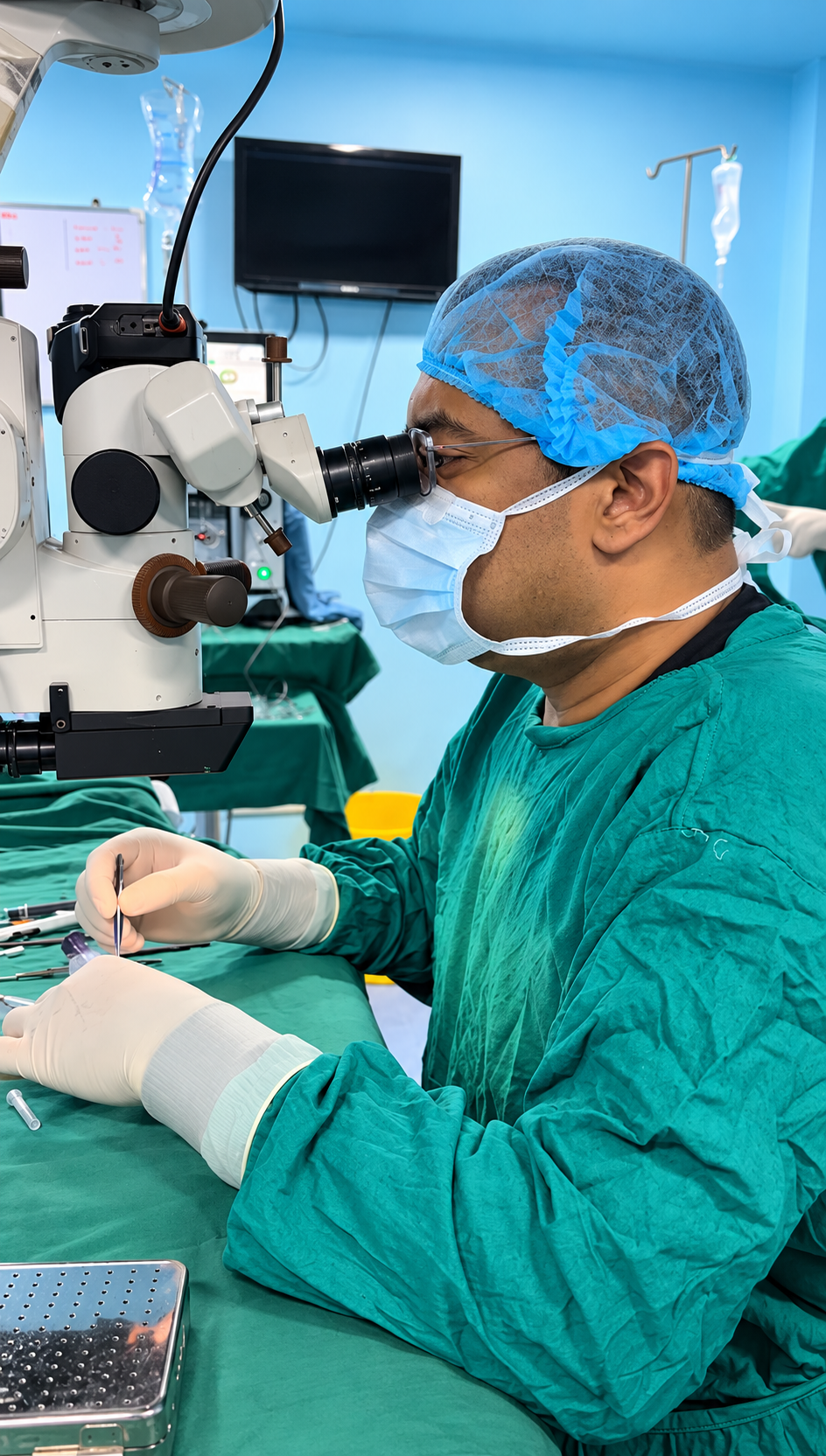 Ophthalmic surgeon using an operating microscope