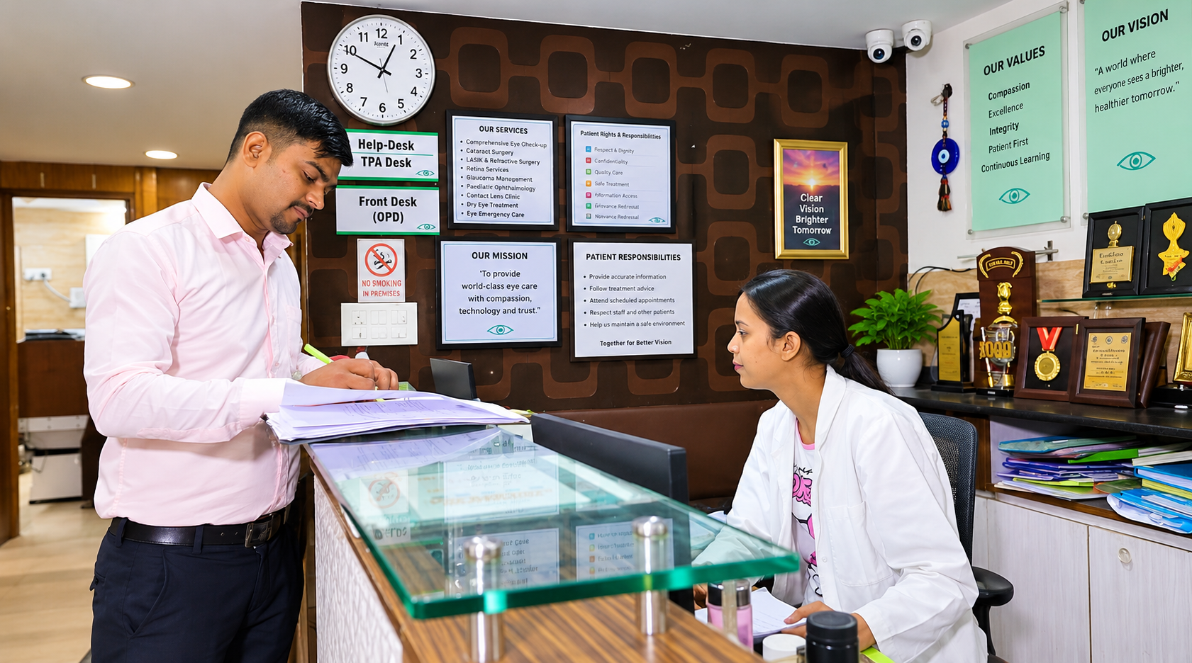 Clinic staff speaking with a visitor at the reception desk