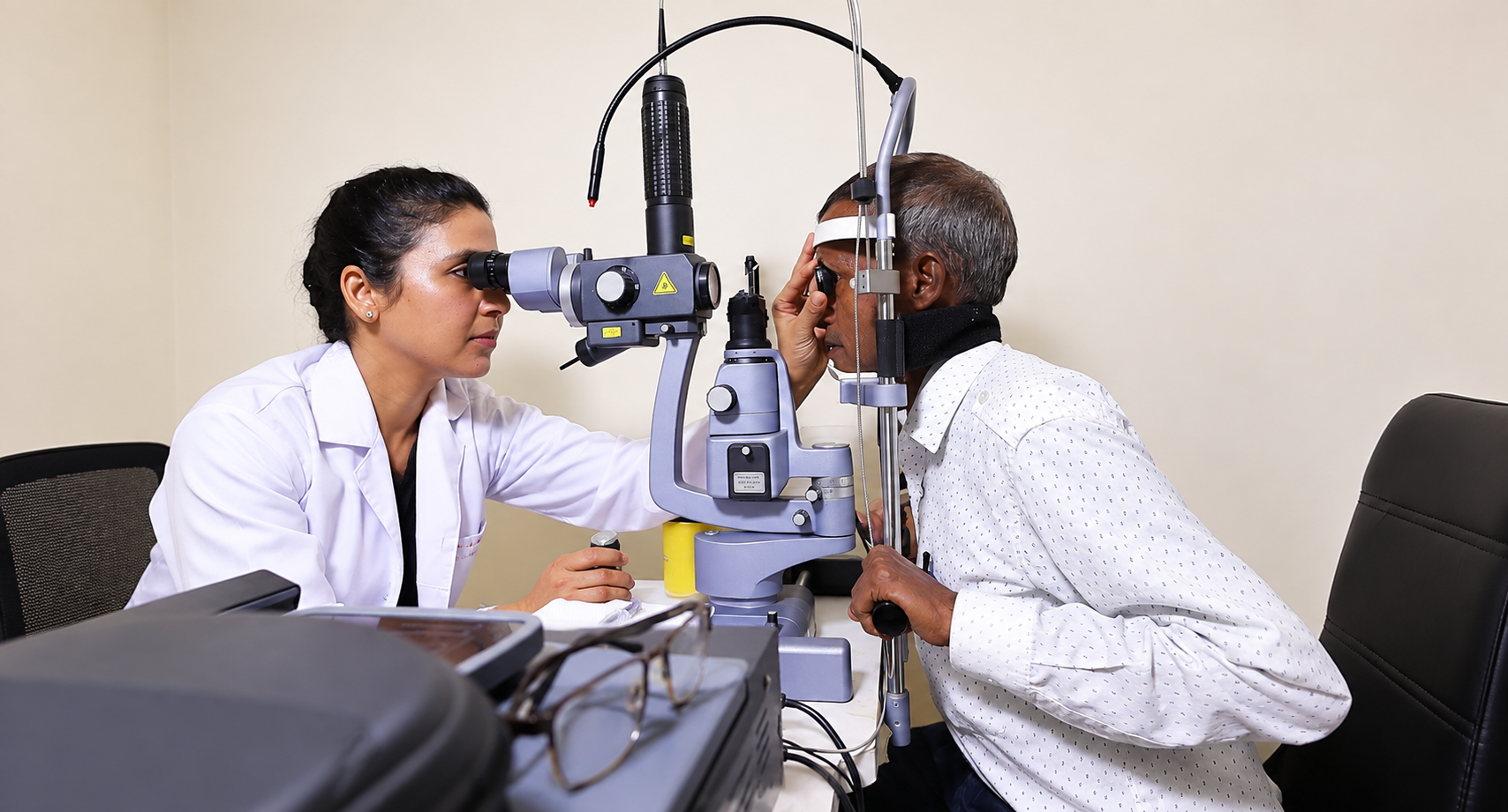 Ophthalmologist examining a patient with an eye-testing instrument
